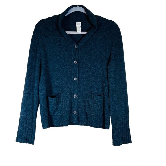J. Jill Cardigan Sweater Small Wool Blend Gray Green Button Pockets Stretch - Picture 1 of 7